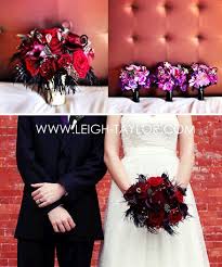 Wedding bouquets red and black. Vibrant Purple Bridesmaids Bouquets Dark Red Roses With Black Feathers For The Bride S Bouquet