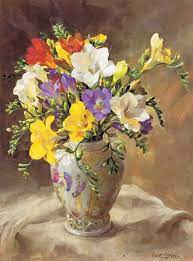 Freesias In A Chinese Vase Birthday Card By Anne Cotterill Flower Art Flower Painting Floral Painting