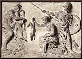 Grabado de la famosa escena en que Tetis, agarrando a Aquiles por el talón,  lo sumerge en las aguas del Estigia (que según la leyenda volvía  invulnerable cualquier parte del cuerpo que