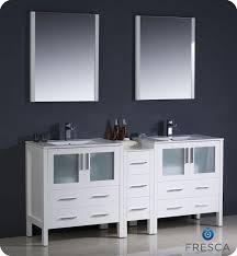 Savanna 84 double sink bathroom vanity set in pure white with white quartz with gray veins top and sink. 72 White Modern Double Sink Bathroom Vanity W Side Cabinet Integrated Sinks Platinum Bath