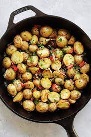 French Roasted Potatoes Easy Recipe With Baby Potatoes Onion And Bell Peppers This French Style Roast Potato Side Dishes French Potatoes French Side Dishes