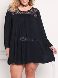 Plus Size Dress Black Long Sleeve Lace Patch Shift Dress