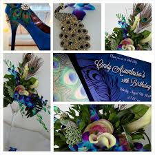 I love beautiful christmas table decorations, don't you? Peacock Themed Centerpiece And Decor For An 18th Birthday Party Design By Davis Floral Creations 18th Birthday 18th Birthday Party Peacock Party Theme