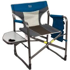 The coleman® aluminum camping chair with side table has an integrated cup holder to make eating outdoors easier, and the table flips down out of the way when you're done with lunch. Timber Ridge Portable Lightweight Aluminum Frame Folding Camping Directors Chair With Side Table Cupholder Blue Black Gray Target