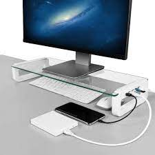 Diy minimalist ebonized oak smart monitor stand. Amazon Com Monitor Stand Riser 4 Port Usb 3 0 Hub Tempered Glass Monitor Riser Quick Charge 5gbps High Speed Transfer Data Desk Organizer Keyboard Mouse Storage With Usb Cable For Laptop Pc Macbook