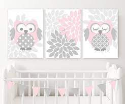 Pink Gray Owl Wall Art Owl Baby Girl Nursery Decor Girl Owl Theme Decor Twin Girl Owl Girl Nursery Themes Baby Girl Nursery Wall Art Baby Girl Nursery Decor