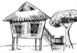 Beautiful traditional malay village house / rumah kampung melayu with coconut trees in night scene background. Local Art House Illustration Easy Drawings