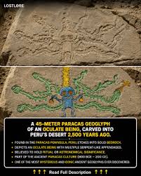 Paracas geoglyph of oculate being in Peru
