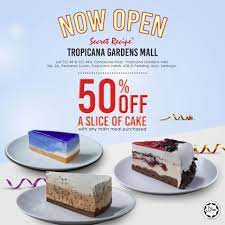 Secret recipe cakes and café sdn bhd, menjalankan perniagaan sebagai secret recipe ialah syarikat rantaian kafe yang disahkan halal malaysia yang ditubuhkan pada 1997. Secret Recipe Tropicana Gardens Mall Opening Promotion Cake 50 Off 5 March 2020 18 March 2020 Recipes Secret Recipe Garden Mall