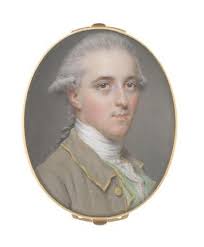 Bonhams : John Smart (British, 1742-1811) Sir George Pauncote-Bromley  (1753-1808), 2nd Baronet, wearing grey jacket with gold edge and buttons,  mint green waistcoat, white stock and frilled lace cravat, his powdered hair