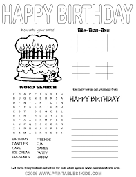 4 in 1 birthday game sheet word search tic tac toe printables for kids free word search puzzles coloring pages and other activities