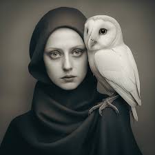 Portrait of Woman with White Owl Beach Towel