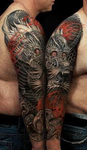 Arm Black And Red Dragon Tattoo Black And Grey With Red Love That Face Wow Dragon Sleeve Tattoos Tattoo Sleeve Designs Dragon Tattoos For Men