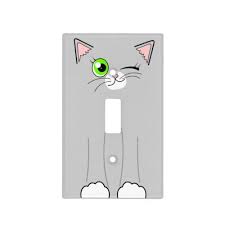 Cute Winking Grey And White Cat Cartoon Light Switch Cover Zazzle Com Grey And White Cat Light Switch Covers White Cat