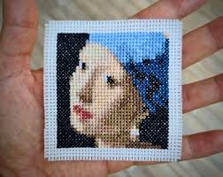 Tiny Modern Cross Stitch Pattern "girl With a Pearl Earring". (P224)  Miniature Art Cross Stitch.