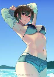 1girls absurdres armpits arms up bikini black hair blue bikini  blue shorts breasts cowboy shot day denim denim shorts earrings female  female only highleg highres kagematsuri lip gloss looking