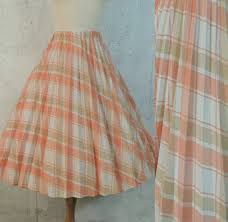 vintage 70s skirt haband peach taupe cream glen plaid perma pleat polyester full swing fit n flare