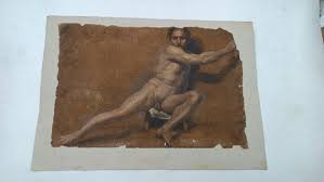 Proantic: Drawing Mixed Media Parchment Study - Nude Attributed To Ado
