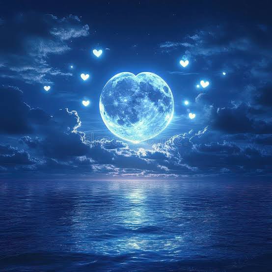 Dreamy Blue Moon Over Serene Water with Floating Hearts at Night Stock  Illustration - Illustration of clouds, atmosphere: 354885764
