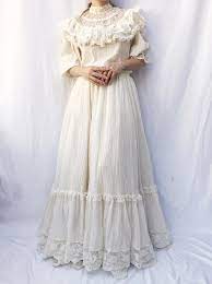 1970s High Neck Puff Sleeves Cotton Gauze Dress S M Gauze Dress Cotton Gauze Dress High Neck Lace Dress
