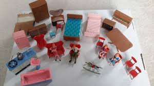 Vintage Blue Box Dollhouse Furniture Lot 1950 S 60 S Beds People Rocking Horse Doll House Dollhouse Furniture Rocking Horse