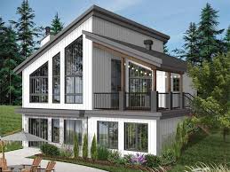 027h 0505 Waterfront House Plan Fits A Narrow Lot Small Lake Houses Lake House Plans Modern Style House Plans