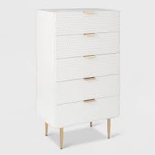 The envelo dresser's walnut drawers are cased in brilliant matte white lacquer, making it the center of attention. Jolie 5 Drawer Tallboy Dresser White Adore Decor Target