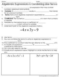 Algebraic Expressions And Combining Like Terms Notes Combining Like Terms Like Terms Algebraic Expressions