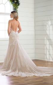 See 24 gorgeous backless wedding dresses for the lace trim around the open back on this simple, sweet wedding dress is understated romance at its finest. Spaghetti Strap V Neckline Lace Mermaid Wedding Dress Kleinfeld Bridal