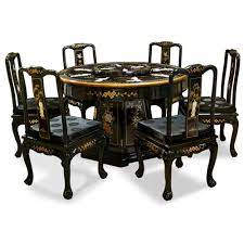 Black Lacquer Mother Of Pearl Round Oriental Dining Set With 6 Chairs Dining Table Lacquer Dining Table Chinoiserie Furniture