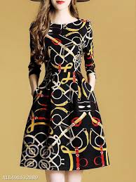 Round Neck Print Skater Dress Socialite Dress Fashion Dress Stores Online