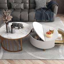 Modern White Walnut White Round Coffee Table With Storage Wood Rotating Marble Nesting Coffee Table In Rose Gold Set Of 2 In 2020 White Round Coffee Table Round Coffee