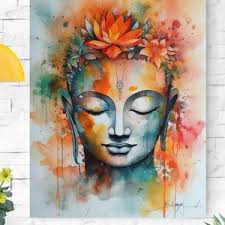 Buddha Orange Silver Modern Canvas Wall Art Print