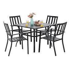 5pc Metal Indoor Outdoor 37 Square Striped Dining Table With Arm Chairs 1 57 Umbrella Hole Captiva Designs Outdoor Tables And Chairs Patio Dining Set Outdoor Dining Set