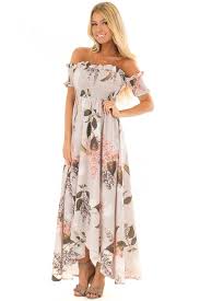 Beige Floral Off Shoulder Maxi Dress With Layered Front Front Full Body Maxi Dress Shoulder Maxi Dress Dresses