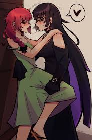 dhalsk, hiroi kikuri, pa-san, bocchi the rock!, absurdres, highres, 2girls,  bare arms, black dress, black eyeshadow, black hair, blush, braid, dress,  ear piercing, eye contact, eyeshadow, green dress, hand on anothers  leg, hand on another