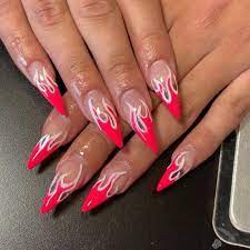 Team these with our 'symbol transfer tattoos' for the sickest hand art ever! Hand Painted Red Flames Stiletto Nails Acrylic Nails Coffin Short Sculpted Nails Nails