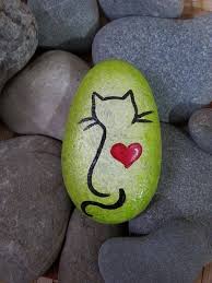 Grune Gemalte Steinkatze Schwarze Katze Gemalte Steinkatze Malerei Gemalt Pet Rocks Boyali Kayalar Mavi Sanat
