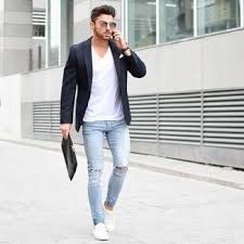 Black Blazer Combination With Jeans Mens A Black Suit Jacket And Light Blue Ripped Skinny Jeans Is A Smart Combination Worth Integrating Int Mens Fashion Casual Mens Fashion Blazer Mens Casual Outfits