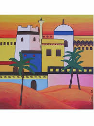 Arab Town Painting 15 7x15 7 40x40 Cm Acrylics Canvas Oriental Town Village Culture Tradition Tribal Fantasy Middle Eastern Art Arab Artists Painting