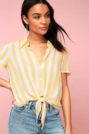 Black And White Striped Button Up Shirt Outfit Portofino Coast Yellow Striped Button Up Tie Front Top Outfits With Striped Shirts Yellow Striped Shirt Front Tie Top