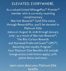 This is enough to qualify for marriott gold elite status, and means you only have to stay 20 nights a year to hit 50 and earn platinum status. United Airlines Airlines Premier Members Marriott Gold Upgraded To Platinum Through January 2019 Loyaltylobby