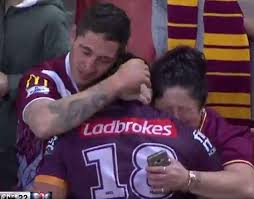 Kotoni staggs huge fend on josh mansour. Brisbane Broncos Star Kotoni Staggs Shares Emotional Hug With Family Daily Mail Online