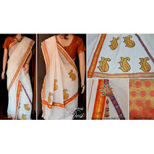 Traditional designed kerala kasavu settu mundu with golden and rich kalamkari design at border and pallu.along with kalamkari blouse piece is free with this. Shop Kerala Saree Set Mundu Half Saree With Brocade Blouse Online Shopclues