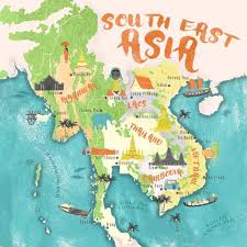 Illustrated Map Of South East Asia Thailand Vietnam Cambodia Laos Myanmar Map Travel Gift For Backpackers Illustrated Map Asia Map East Asia Map