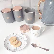 Grey And Rose Gold Kitchen Cannisters Copperkitchenaccessories Grey And Rose Gold Kitchen Cannisters Rose Gold Kitchen Gold Kitchen Copper Kitchen Accessories