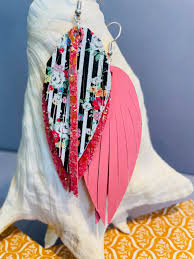 Fringe Feather Faux Leather Pink and Striped Earrings