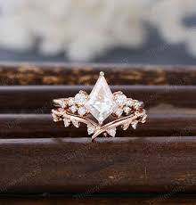 Kite Cut Moissanite Engagement Ring Set Rose Gold Engagement Ring Vintage  Cluster Diamond Bridal Set Promise Gift Unique Wedding Ring Women
