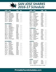 San Jose Sharks Printable Schedule 2017 Vancouver Canucks Nashville Predators Hockey Colorado Avalanche Hockey
