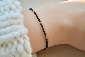 Black And Gold Bracelet For Babies Genuine Spinel Bracelet Tiny Beaded Gemstone Bracelet With Etsy Black Beaded Bracelets Black Beaded Jewelry Baby Jewelry Gold